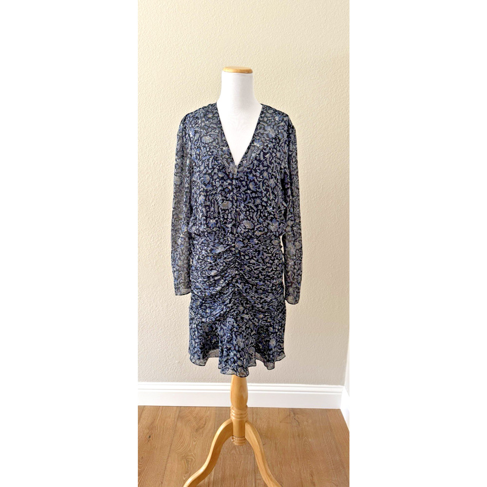 Veronica Beard Silk Mini Dress 10 Black Blue Floral V-Neck Long Sleeves Ruched